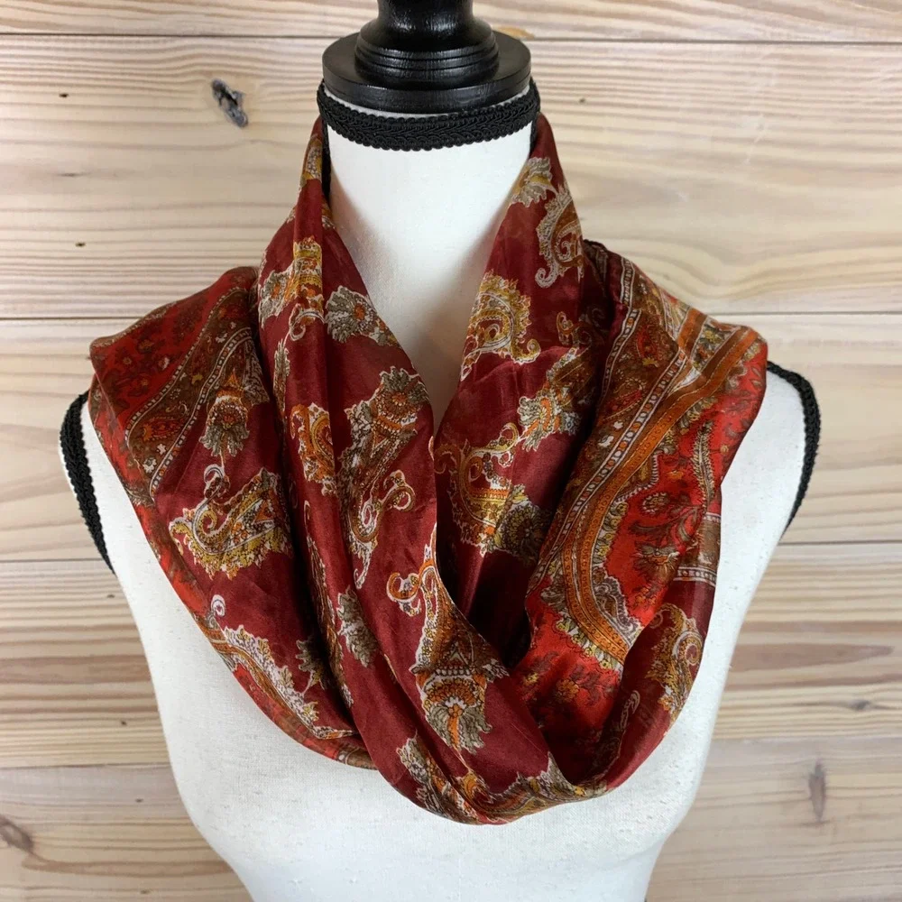 Paisley Silk Scarf Women Rust Orange Rectangular Wrap Lightweight Ethereal Boho